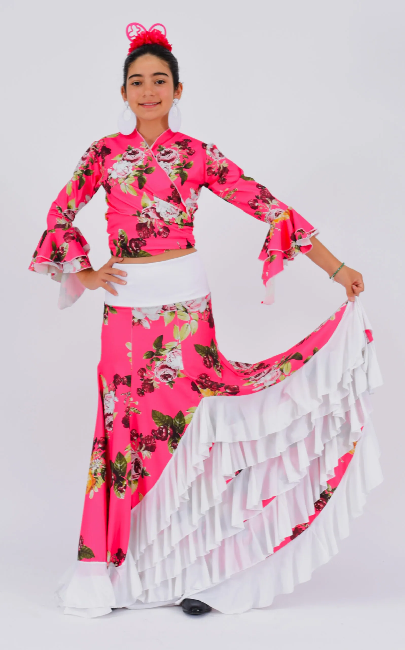 Conjunto Top Cruzado y Falda de niña con estampado floreal en fondo fucsia anuka - Imagen 4