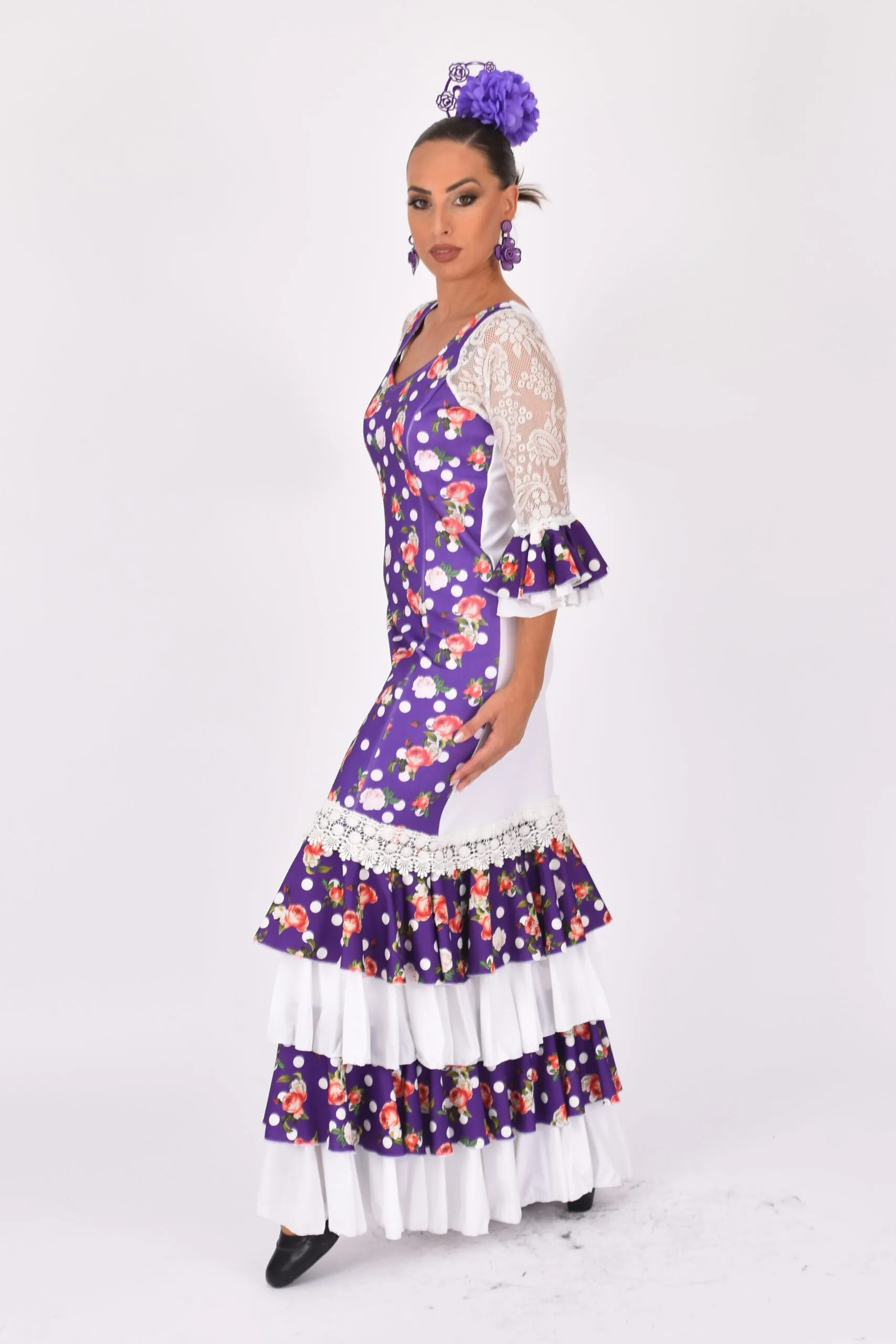 Vestido Morado Floral con Mangas de Encaje y Volantes en Blanco y Floral Anuka - Imagen 2