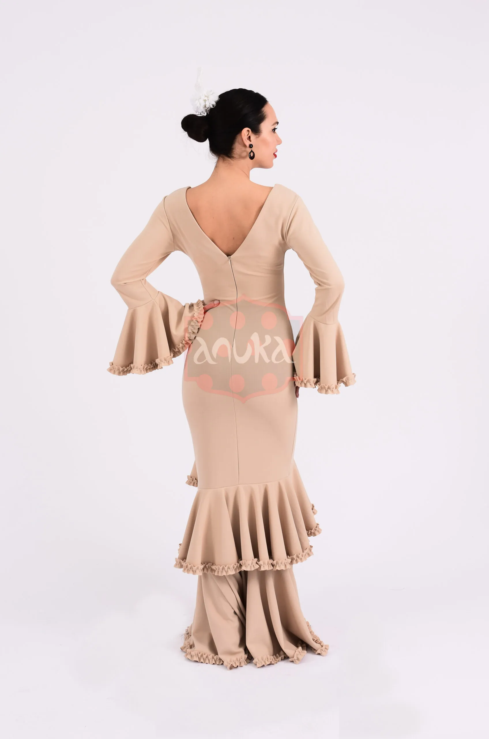Vestido flamenca tejido elástico triple volante con carrucha en los bordes - Imagen 6