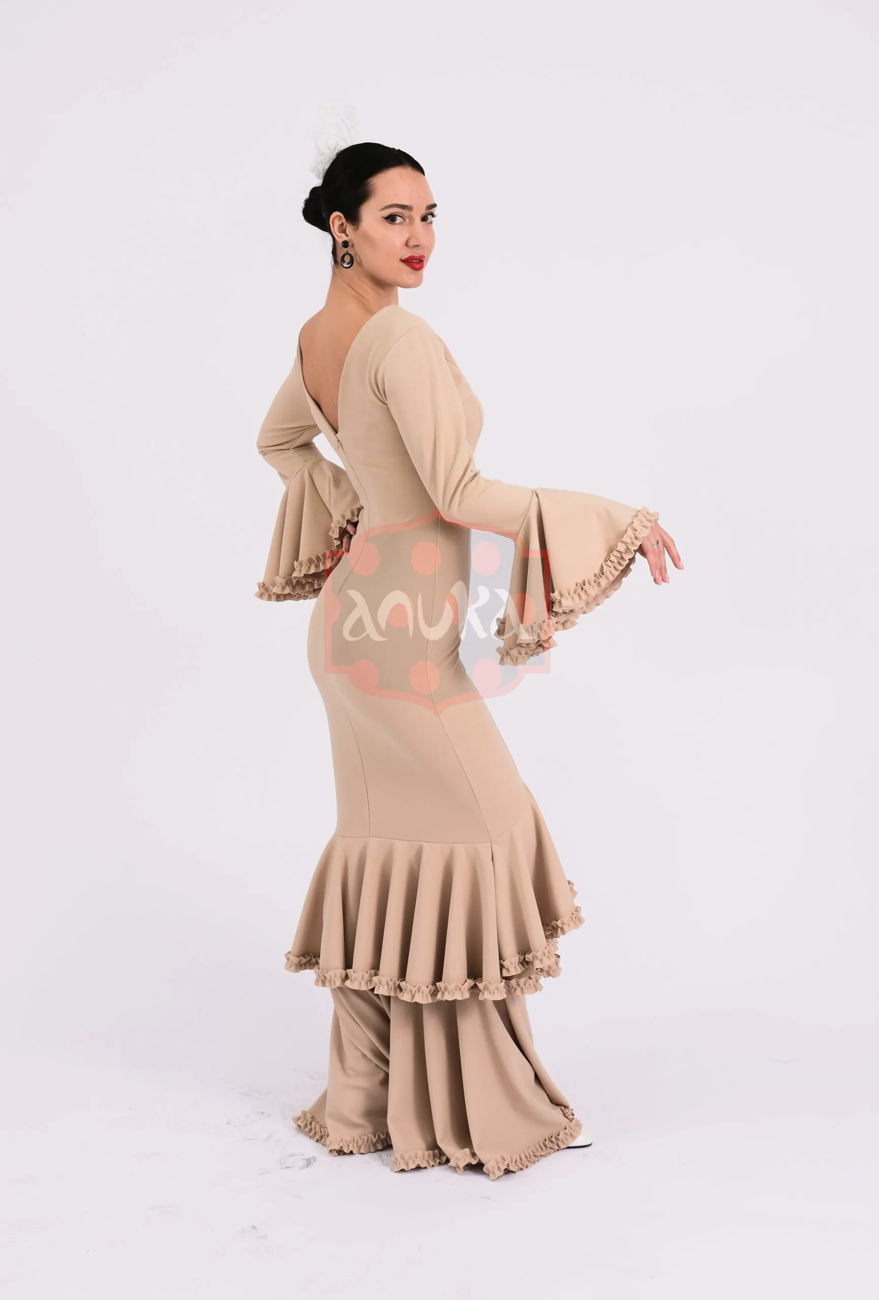 Vestido flamenca tejido elástico triple volante con carrucha en los bordes - Imagen 5